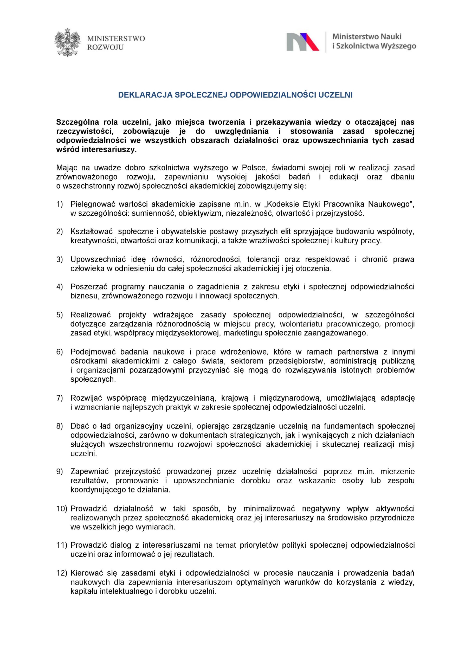 Deklaracja Spolecznej Odpowiedzialnosci Uczelni