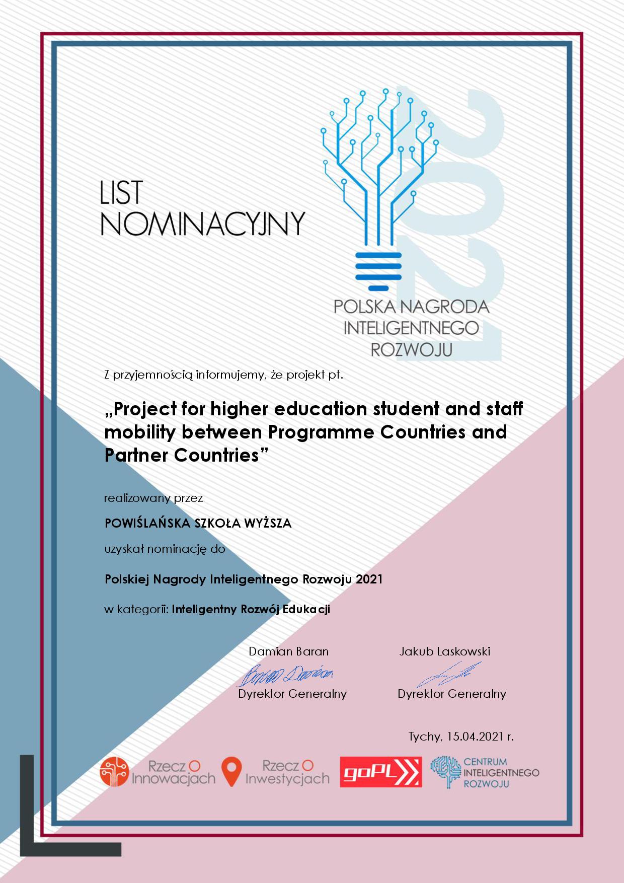 List Nominacyjny do Polskiej Nagrody Inteligentnego Rozwoju 2021 - POWIŚLAŃSKA SZKOŁA WYŻSZA