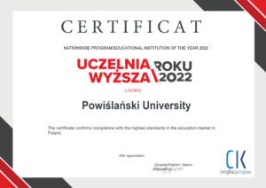 6_Certyfikat- Uczelnia Roku 2022_Powiślańska Szkoła Wyższa certyfikat en